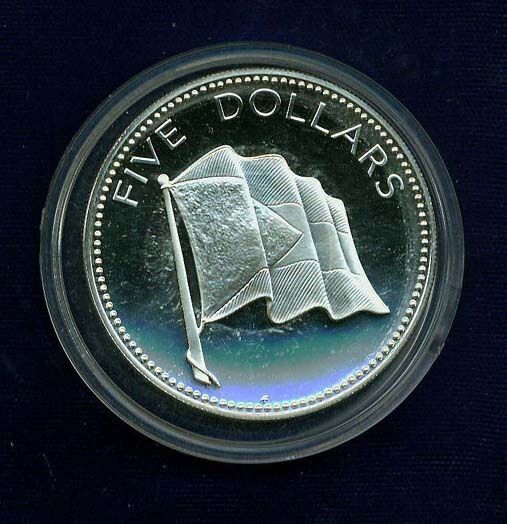 BAHAMAS  1975  5 DOLLARS  SILVER PROOF COIN, A GEM! SUPERB AND CHOICE PROOF!