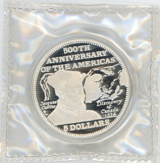 Bahamas $5 1991 JACQUES CARTIER, DISCOVERY CANADA Gem Proof silver