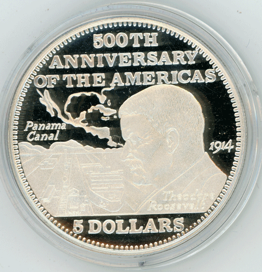 Bahamas $5 1991 THEODORE ROOSEVELT, PANAMA CANAL Gem Proof silver