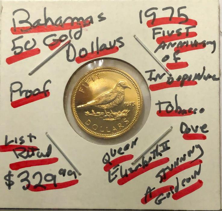 BAHAMAS STUNNING PROOF 1975 GOLD $50.00-DEPICTS TOBACCO DOVE AND QUEEN ELIZABETH