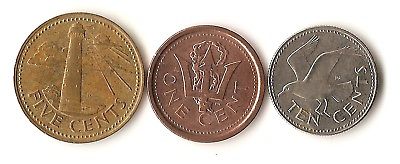 Lot of three coins from Barbados, 1, 5, and 10 cents, seagull, lighthouse