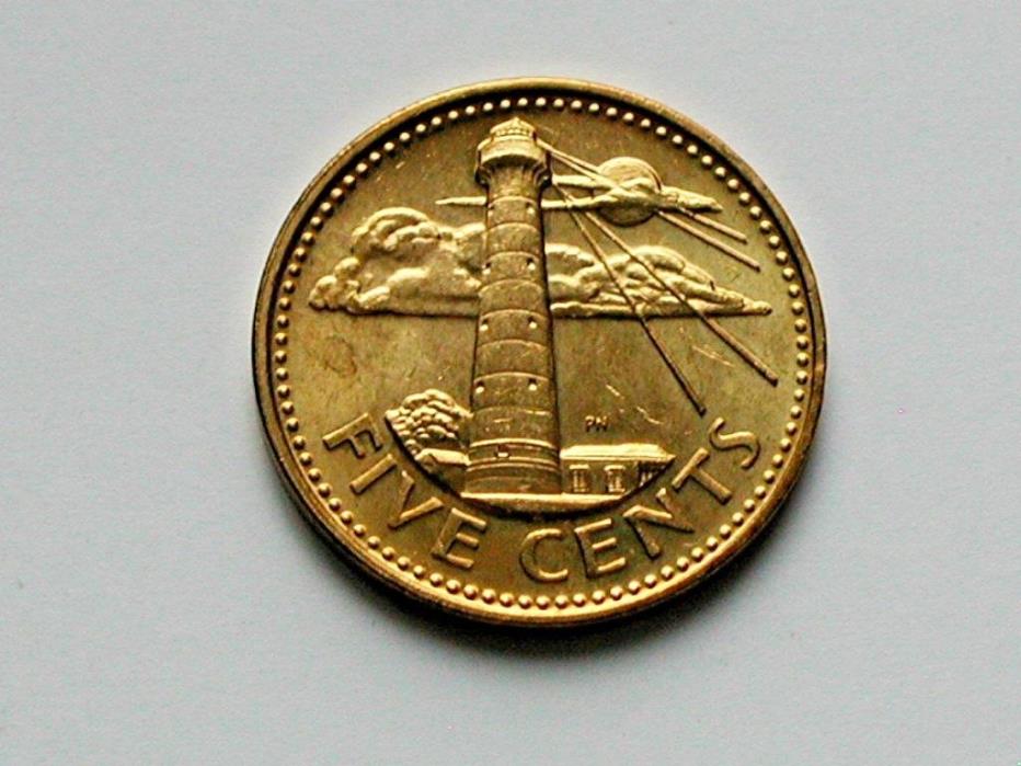 Barbados 2000 5 CENTS Brass Coin AU+ Toned-Lustre with Coat of Arms & Lighthouse