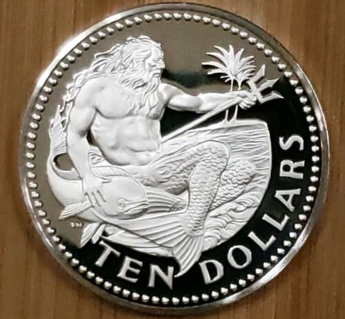 1973 Barbados $10 SILVER PROOF Neptune coin