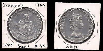 BERMUDA - ONE CROWN 1964 - SILVER COIN (PROOF) - CV $40 - UNC