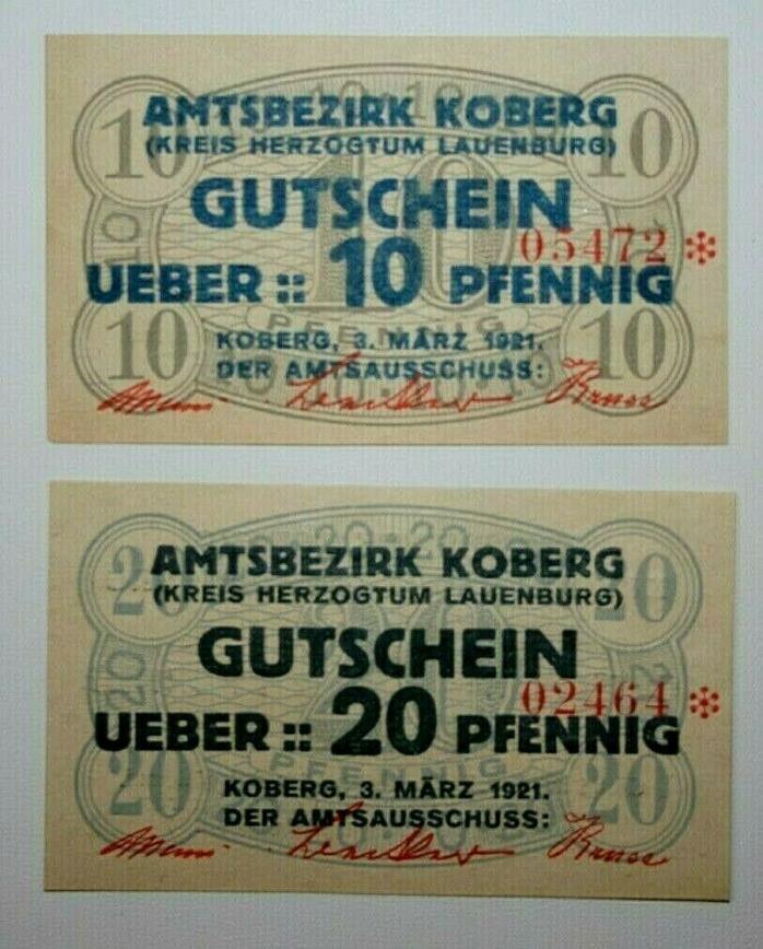 1921 Germany Koberg - Lauenburg  10 & 20 Pfennig Notgeld Notes