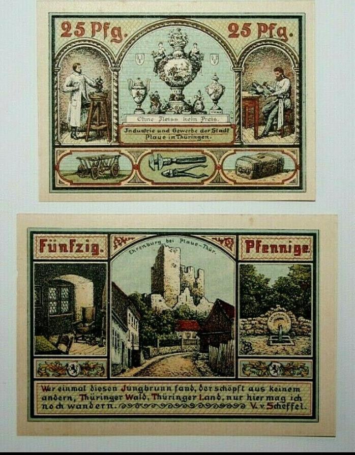 1921 Plaue -Thur Germany 25 & 50 Pfennig Notgeld Notes