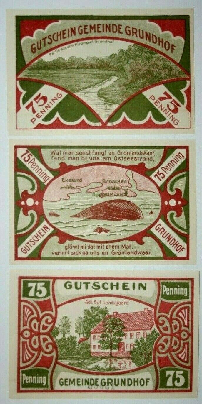 Set of 3 1921 Grundhof Germany 75 Pfennig Notgeld Notes