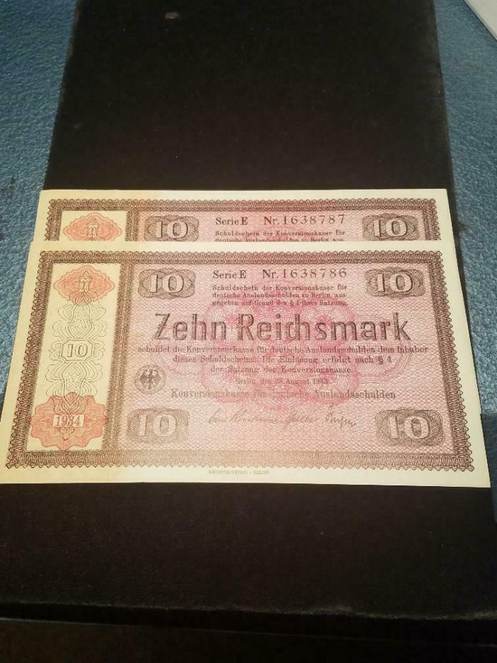 2 Consecutive Notes 1934 Germany 10 Reichsmark Konversionskasse Conversion Fund
