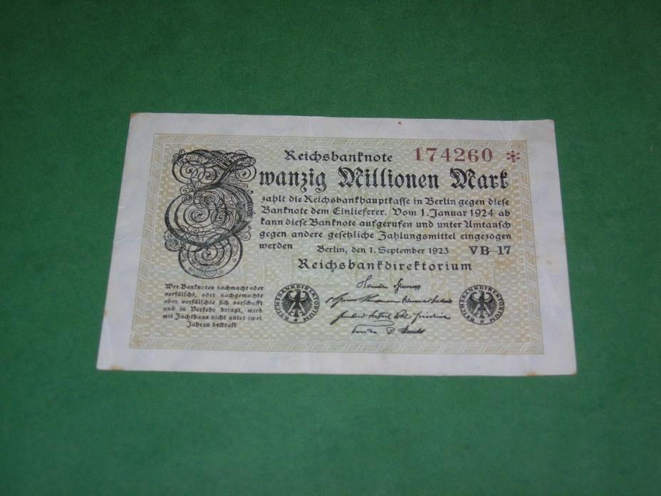 GERMANY 1923 20 MILLION MARK BANKNOTE HYPER INFLATION ERA VG CONDITION  P-108c/2