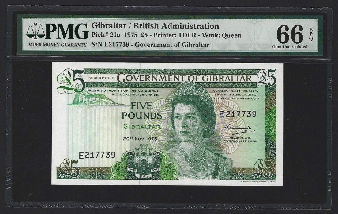 1975 Gibraltar 5 Pounds, PMG 66 EPQ GEM UNC, Rare Date P-21a E-Prefix 1st Date