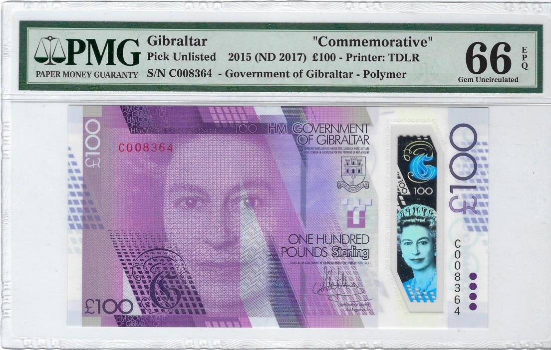 Gibraltar, 2015 (ND 2017) 100 Pounds P-Unlisted PMG 66 EPQ