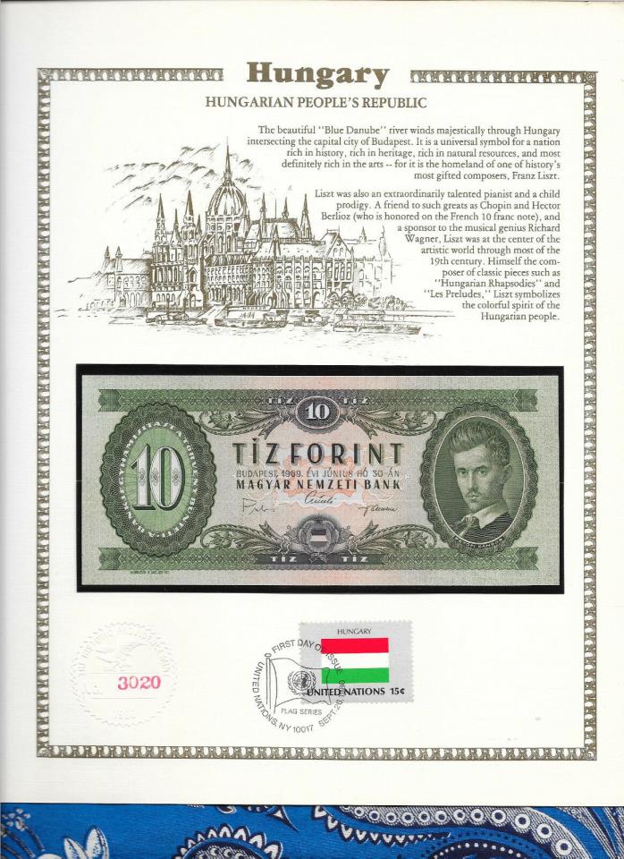 Hungary 10 Forint 1969 P168d UNC w/FDI UN FLAG STAMP serie A.745  012273