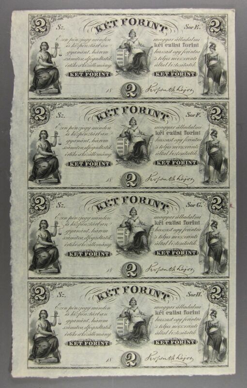 Uncut Sheet of FOUR $2 Key Forint Banknotes To Finance Hungary Rebellion of 1848
