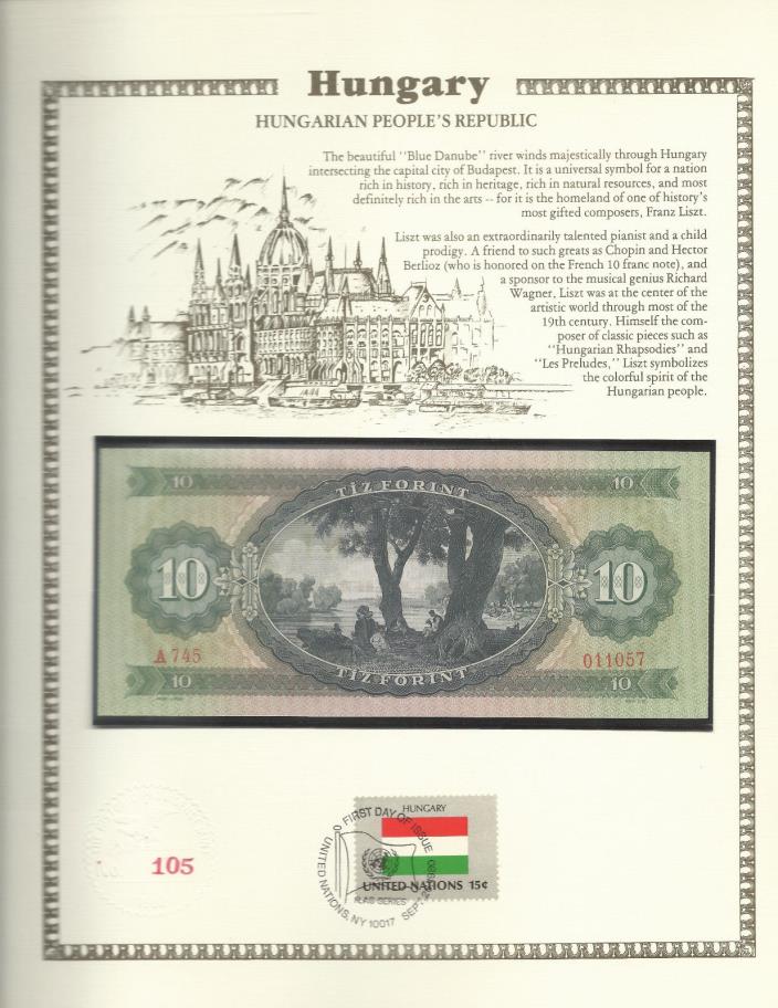 Hungary 10 Forint 1969 P168d UNC w/FDI UN FLAG STAMP serie A.745  011057