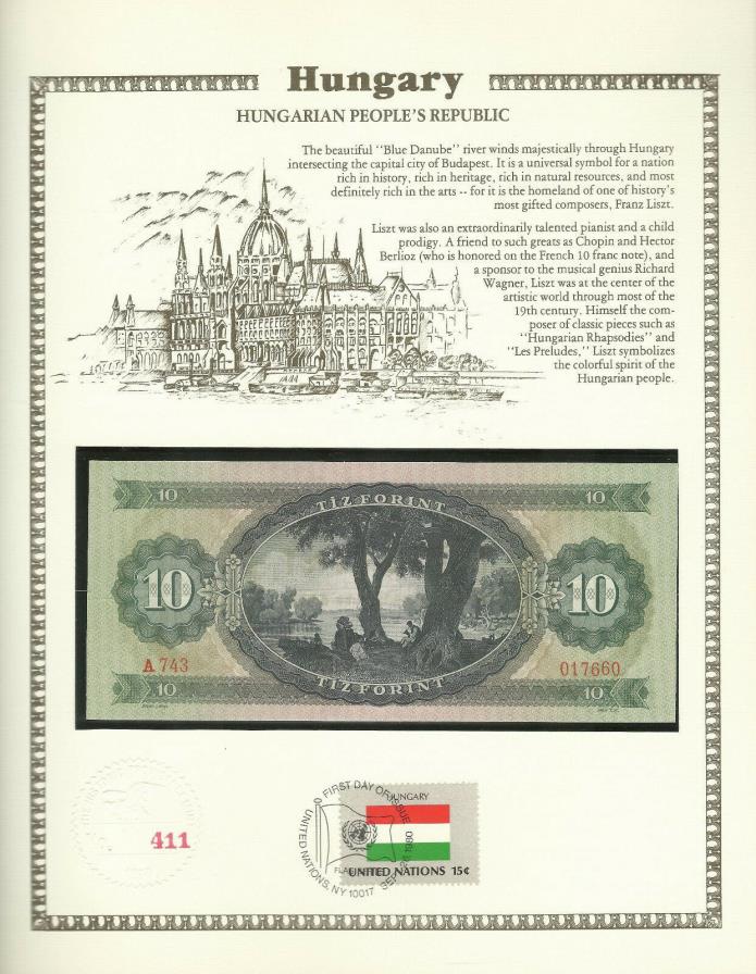 Hungary 10 Forint 1969 P168d UNC w/FDI UN FLAG STAMP serie A.743  017660