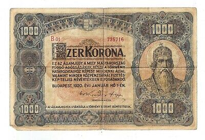 1920 Hungary Ezer Korona, 1000 Korona Note No.735716
