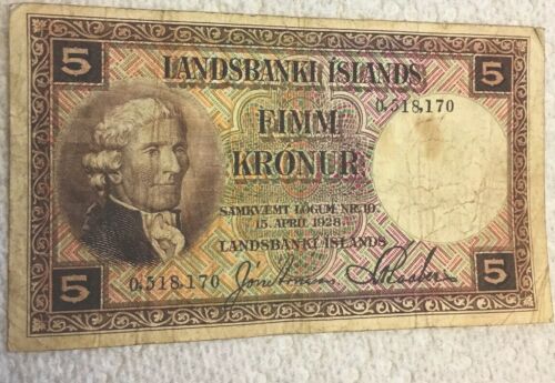 1928 ICELAND 5 KRONUR Note Antique Icelandic Money World Banknote Currency