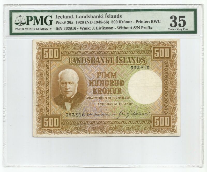 Iceland 500 Kronur L.1928 P#36a Banknote PMG 35 - Choice Very Fine