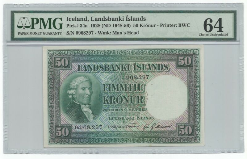 Iceland 50 Kronur L.1928(ND 1948-56) P#34a Banknote PMG 64 - Choice Uncirculated