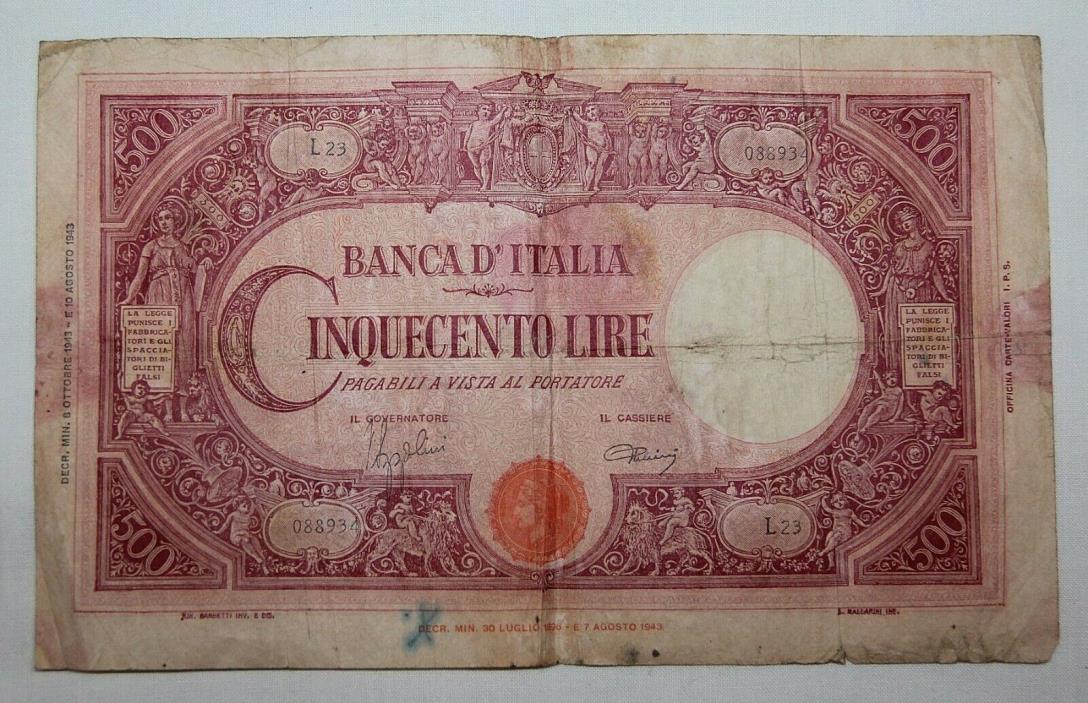 VINTAGE WWII 1943 ITALIAN 500 LIRE NOTE, PAPER MONEY, CIRCULATED