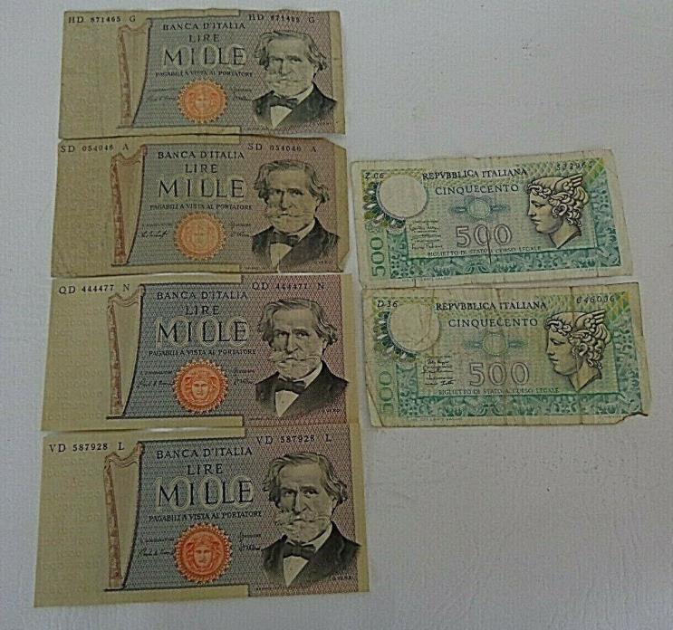 Lot of 6 Bank Notes, Banca d'Italia Italy 1974-1980 500 & 1000 Lire Used