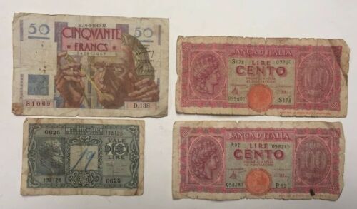 4x World Notes - 1944 ITALY 10 LIRE / 1943 100 LIRE / 1949 50 Francs Bills War