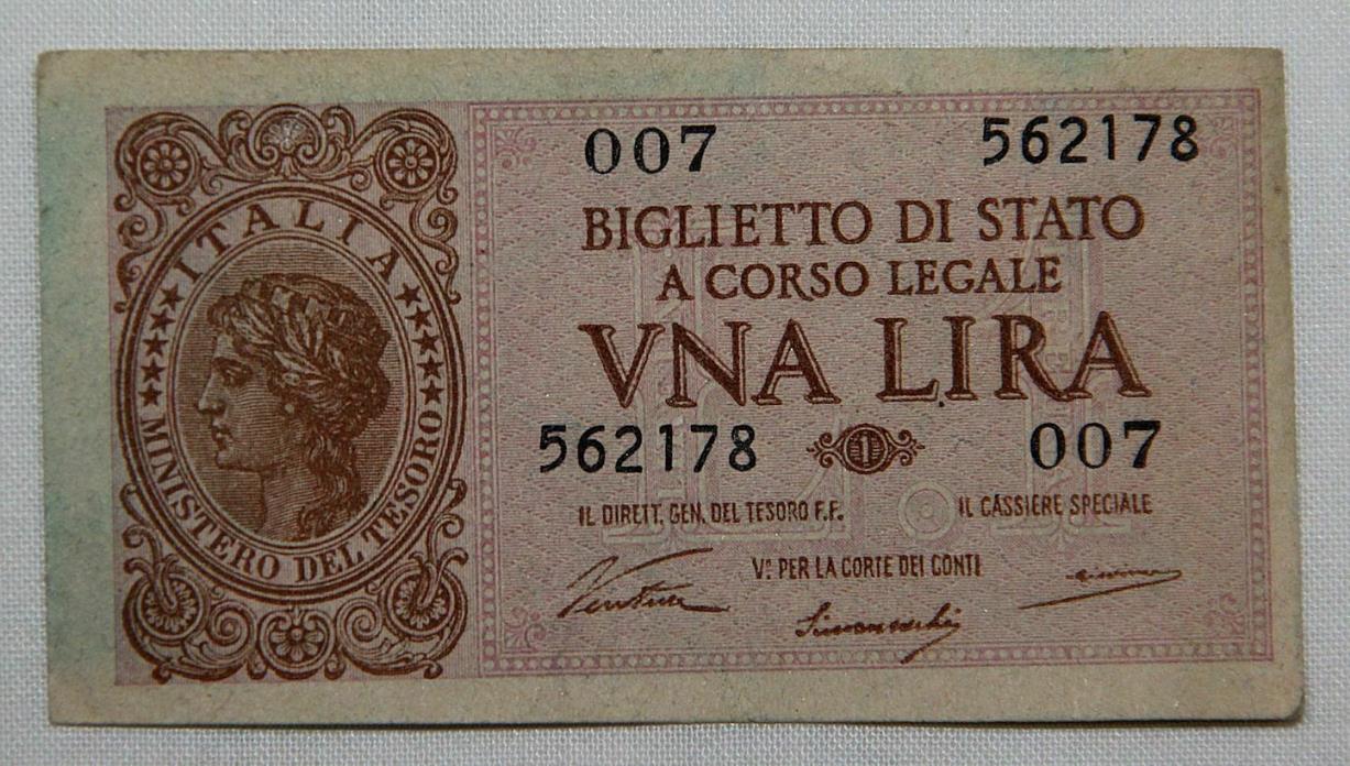VINTAGE WWII 1944 ITALIAN 1 LIRA NOTE, PAPER MONEY, CIRCULATED