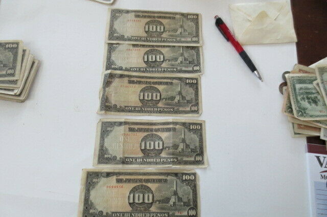 Five Japanese Government 100  Pesos WW11 WW2 Bank Notes, free ship