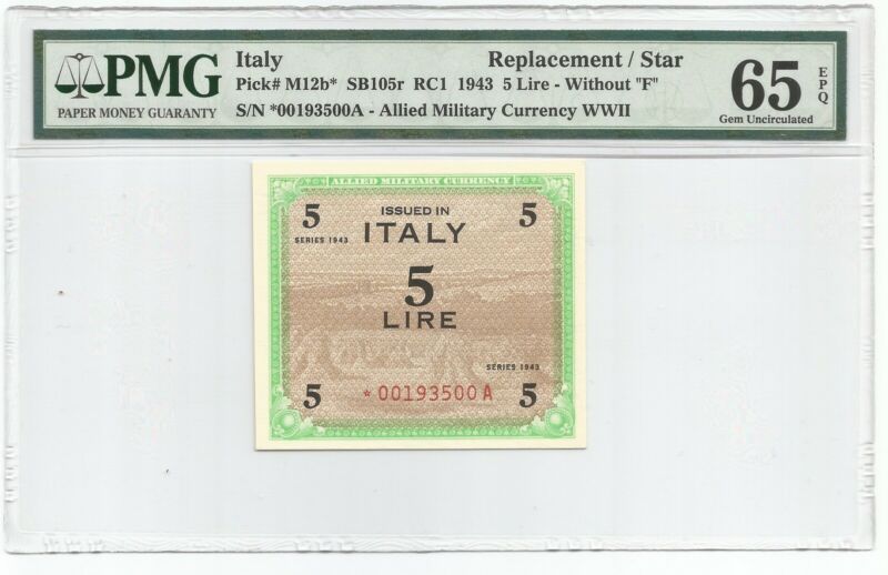 Italy 5 Lire 1943 P#M12b* - REPLACEMENT NOTE -  Banknote PMG 65 EPQ - Gem Unc