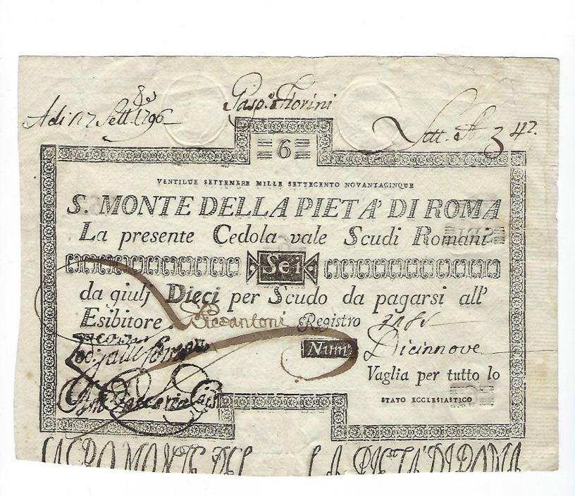 Italy Papal States Rare 6 Scudi 1785 Sacro Monte della Pietà Roma R4 pS304
