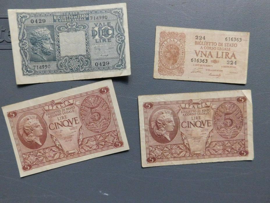 4 WWII DATED ITALIAN MONEY GREAT CONDITION 1 LIRA , 2 - 5 LIRE AND 10 LIRE