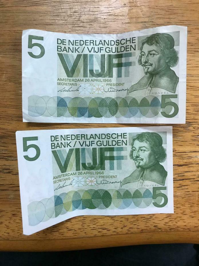 Netherlands Lot 2 Notes 5 Gulden 26 April 1966 , Fine & XF