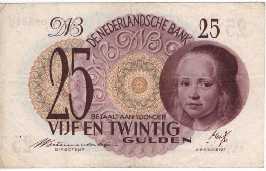 NETHERLANDS 25 GULDEN P77  1945 GIRL IN BLUE