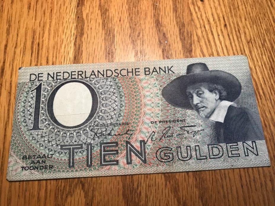 1943 Vintage Ten Tien10 Gulden Note Paper Money Nederland Nederlandsche Bank