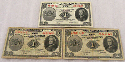 1943 Nederlandsch-Indie Lot of 3-1 Gulden Bank Notes