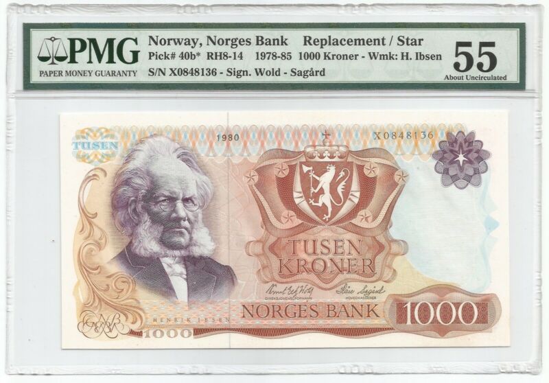 Norway 1000 Kroner 1980 P#40b* - REPLACEMENT - Banknote PMG 55 - About Unc