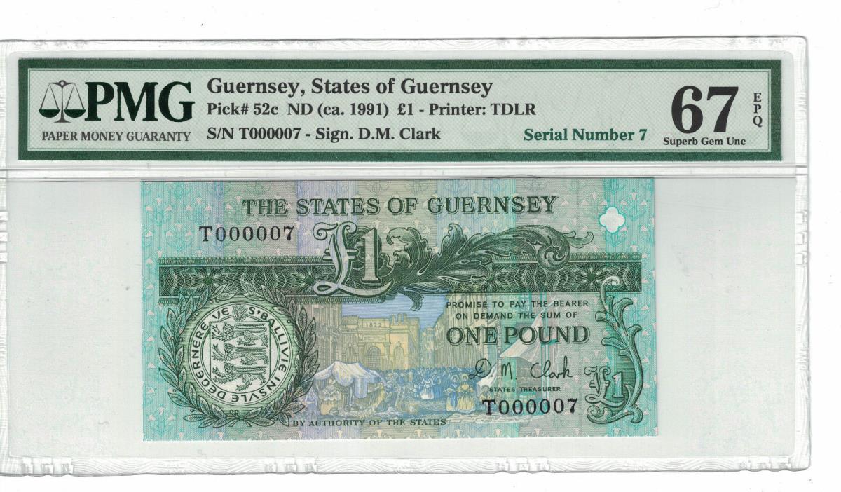 GUERNSEY Fancy Serial # 000007 1 Pound 1991 Pick# 52c PMG: 67 EPQ (#1573)
