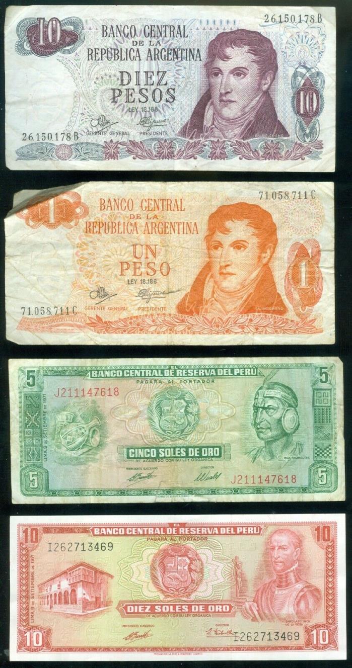 (4)  Peru & Argentina banknotes 1, 5 &10 Pecos, (2) Peru notes are 1971