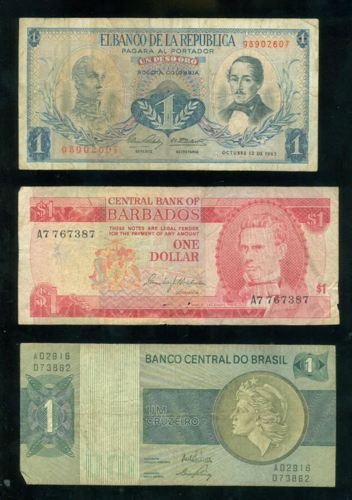 (3) Brasil, Columbia & Barbados banknotes 1960's/1970's vintage ?