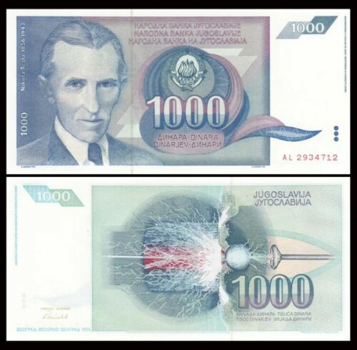 YUGOSLAVIA 1000 Dinara, 1991, P-110, Nikola Tesla, World Currency