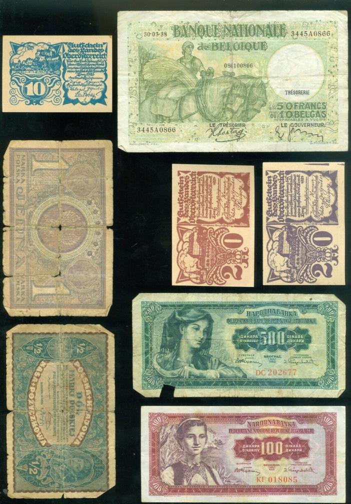 (8)  European banknotes Belgium, Yugoslavia, Austria & Poland 1920's 1938, 1955