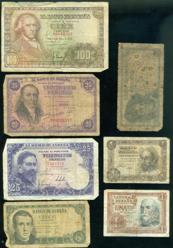 (7)  Spain banknotes 1946, 1948, 1951, 1953, 1954 & unknown age