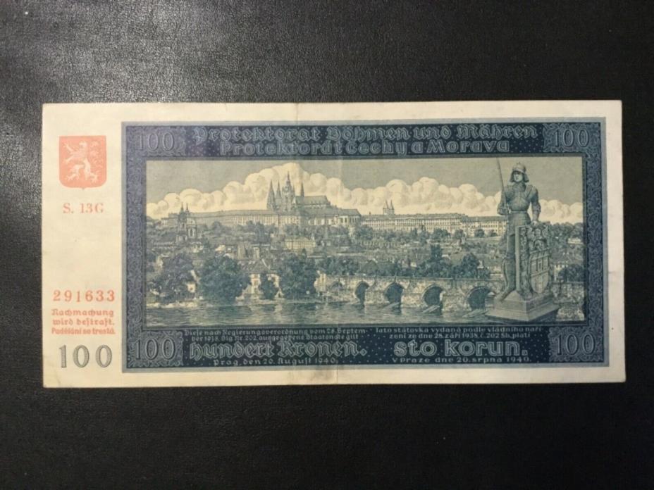 1940 BOHEMIA & MORAVIA PAPER MONEY - 100 KORUN BANKNOTE!