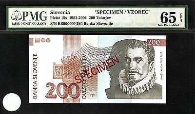 Slovenia 200 Tolarjev 1992 SPECIMEN PMG 65 EPQ UNC Pick#15s S/N RB000000 364