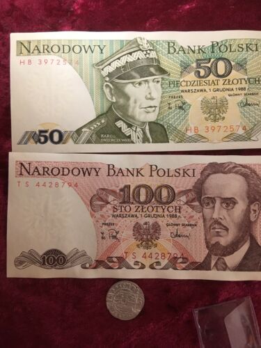 POLAND POLISH MONEY SILVER:1988  U 100 Zl,1988 U 50 Zl Mid Eval 1624 1/4 Thaler.