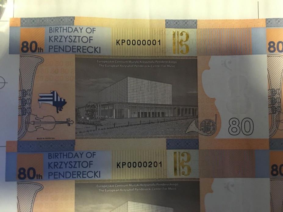 Banknote sheet KP 80th Penderecki KP0000001 ONLY BANKNOTE SHEET IN THE WORLD !