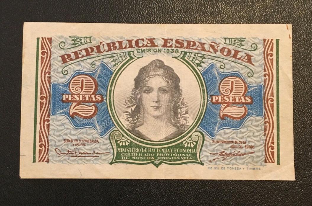 1938 SPAIN CIVIL WAR PAPER MONEY - 2 PESETAS BANKNOTE!