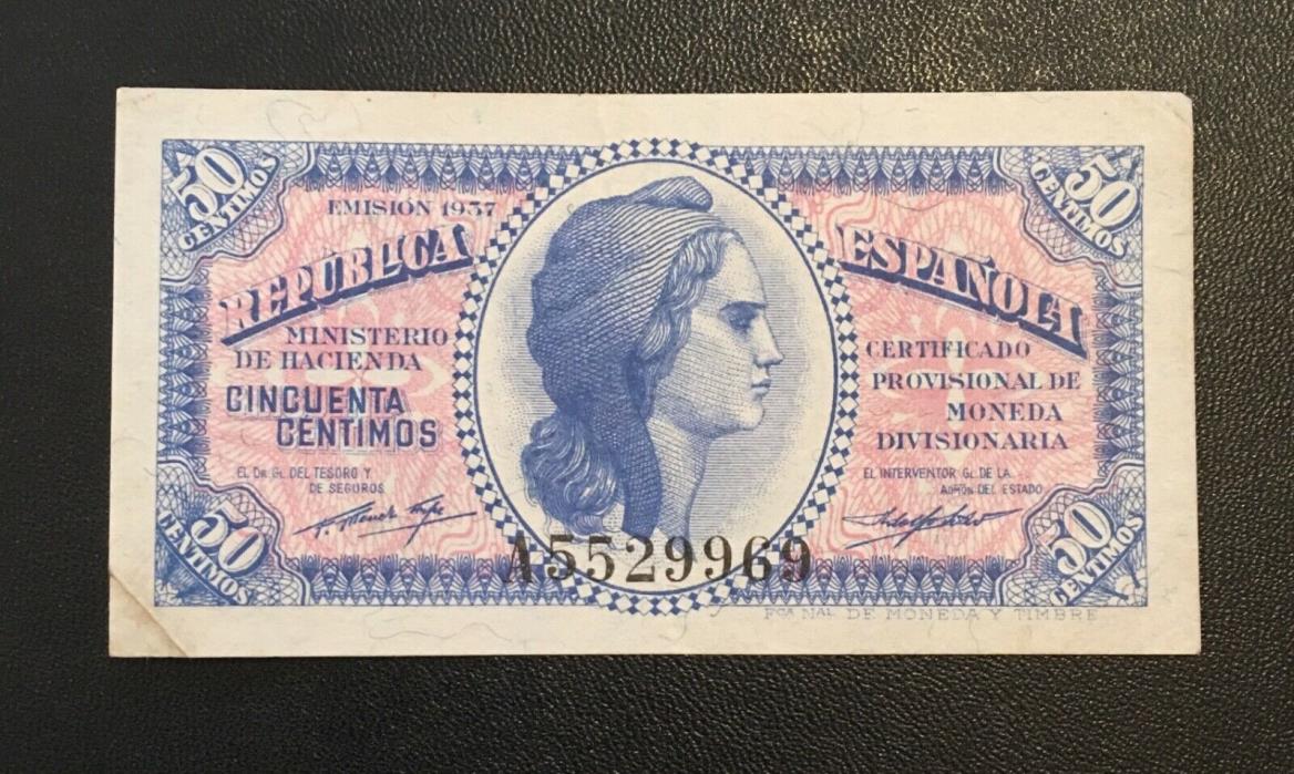 1937 SPAIN CIVIL WAR PAPER MONEY - 50 CENTIMOS BANKNOTE!