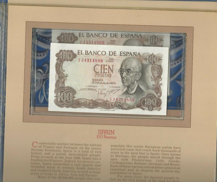 Most Treasured Banknotes Spain 100 Pesetas 1970 P 152 UNC Consecutive #