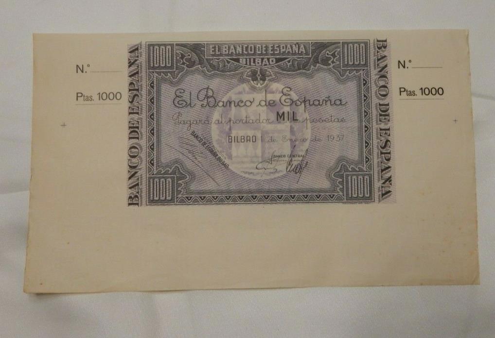 RARE - 1937 Spain Banco De Espana Bilbao 1000 Pesetas - HIGH GRADE UNC / CU